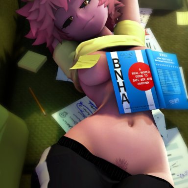 3d, black sclera, convenient censoring, greatm8, half-closed eyes, horns, looking at viewer, mina ashido, my hero academia, navel, on back, on couch, partially clothed, pink hair, pink skin