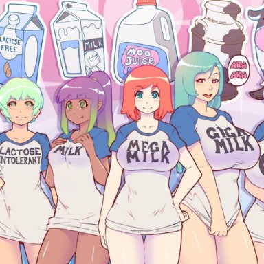 + +, 2019, 6+girls, 6girls, aqua hair, ara ara, artist name, bangs, bell, bell collar, bike shorts, blue eyes, blunt bangs, blush, bottle