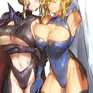 2girls, armpits, artoria pendragon (all), artoria pendragon (lancer alter), artoria pendragon (lancer), blonde hair, cloak, fate (series), fate/grand order, green eyes, hair bun, hair ornament, hand on thigh, huge breasts, leotard