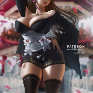 big breasts, brown hair, female, female only, final fantasy, final fantasy vii, kimono, lolliedrop, long hair, solo, solo female, solo focus, thick thighs, tifa lockhart
