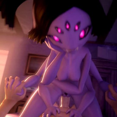 1boy, 1girls, 3d, animated, areolae, big penis, breasts, cowgirl position, erection, female, holding hands, looking at viewer, male, meklab, muffet