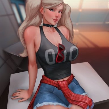 ann takamaki, big breasts, blonde hair, female only, kotan, persona, persona 5, shorts, sunglasses, tank top, twintails
