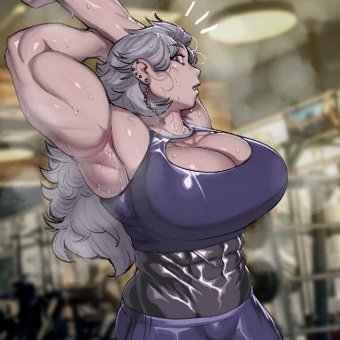 abs, armpits, biceps, big ass, big breasts, curvy, dorohedoro, ear piercing, earrings, grey hair, huge breasts, krekk0v, looking at viewer, muscular, muscular female