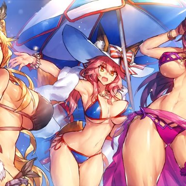 amber eyes, anne bonny (fate/grand order), anne bonny (swimsuit archer) (fate), back, big breasts, bikini, blonde hair, blue sky, curvy, fate (series), fate/grand order, fox ears, fox girl, hair ornament, hat