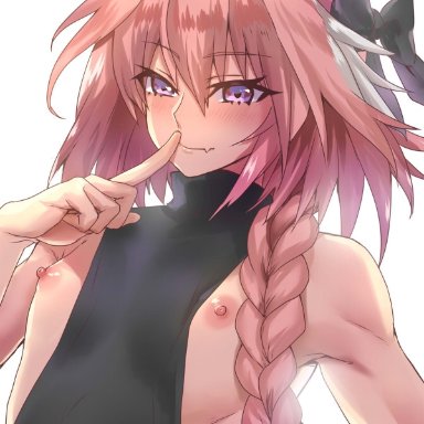 1boy, astolfo (fate), blush, fate (series), fate/grand order, femboy, finger to mouth, girly, looking at viewer, nipples, pink eyes, pink hair, ribbon, teeth, trap