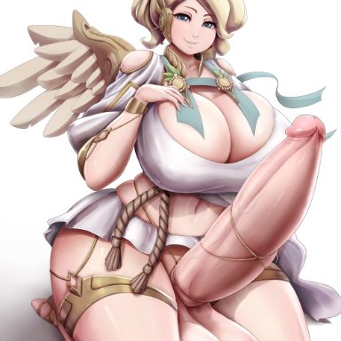 1girls, alternate costume, blonde hair, blue eyes, cleavage, curvy, futa only, futanari, huge balls, huge breasts, huge cock, looking at viewer, mercy, nipple bulge, overwatch