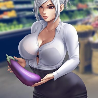 1girls, big breasts, breasts, cleavage, eggplant, female, female only, flowerxl, large breasts, league of legends, pantyhose, riven, skirt, solo, thick thighs