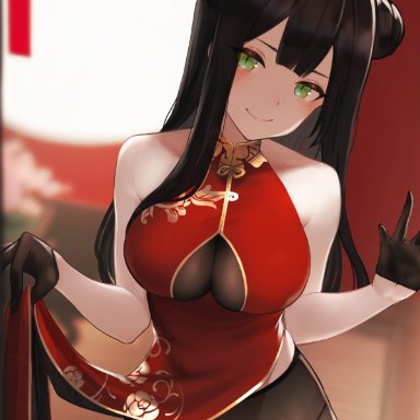 1girls, asian, black hair, breasts, bun, china dress, chinese clothes, cleavage, cleavage cutout, corona, corona chan, coronavirus, cute, flashing, green eyes