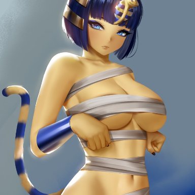 1girls, alternate breast size, animal crossing, ankha, armpits, ass, bandages, bare shoulders, belly, big breasts, blue background, blue fur, blue hair, blush, breasts
