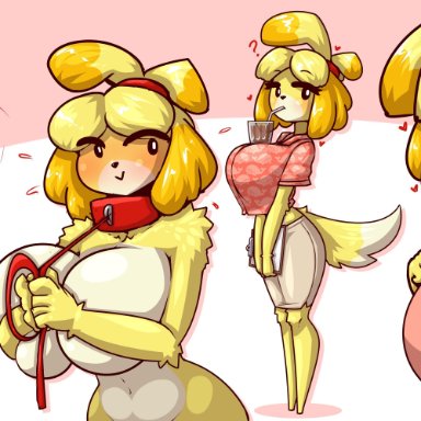 ?, 1boy, 1girls, animal crossing, big breasts, breasts, chibi, cleavage, drinking, erection, female, glass, huge breasts, huge cock, isabelle (animal crossing)