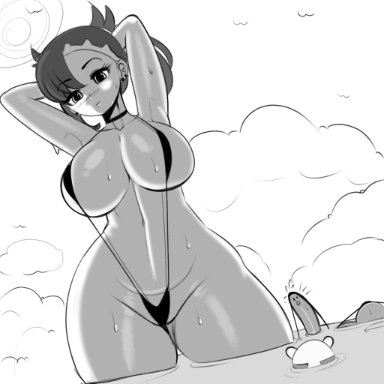 1futa, 1girls, abs, alternate breast size, alternate outfit, ambiguous gender, armpits, beach, big breasts, black and white, breasts, clothed, erection, female, fladdykin