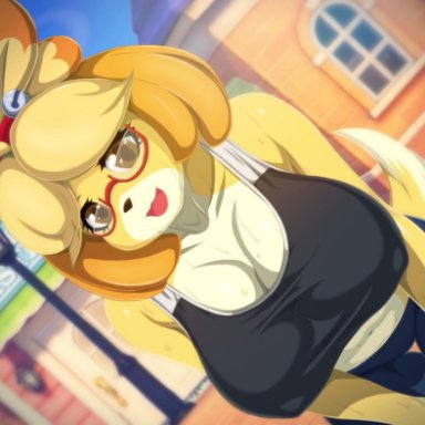 1girl, animal crossing, anthro, belly, big breasts, bike shorts, breasts, busty, canine, clothing, dog ears, dog girl, dog tail, erect nipples, erection under clothes