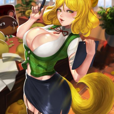 animal crossing, big breasts, blonde hair, breasts, busty, canine, cleavage, clothing, coin, dog ears, dog girl, dog tail, female, humanized, isabelle (animal crossing)