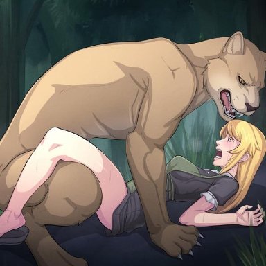 blonde hair, claire's quest, female, forest, imminent rape, imminent sex, puma, thighs, zoophilia