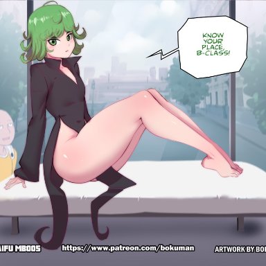 bare legs, barefoot, being watched, black dress, bokuman, english text, glass wall, on bed, onepunch man, saitama, tatsumaki