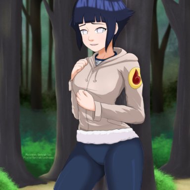 blue hair, female, forest, hyuuga hinata, jacket, naruto, purple eyes, setrakian, short hair, shy