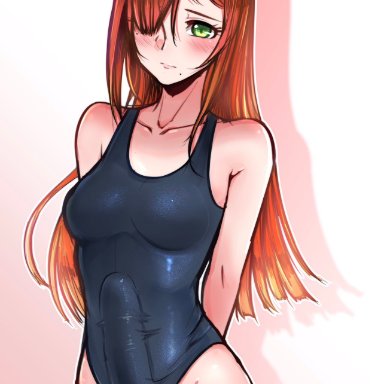 1futa, blush, breasts, bulge, cleavage, dickgirl, erection under clothes, futa only, futanari, looking at viewer, one-piece swimsuit, penis under clothes, solo, swimsuit, tinnies