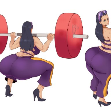 2020, black hair, exercise, female, female only, high heeled shoes, high heels, huge ass, long hair, nico robin, one piece, solo, solo female, sports bra, sportswear