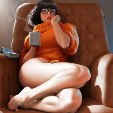 barefoot, book, brown eyes, brown hair, busty, chair, female, glasses, lipstick, scooby snack, scooby-doo, seductive, sitting, solo, steam