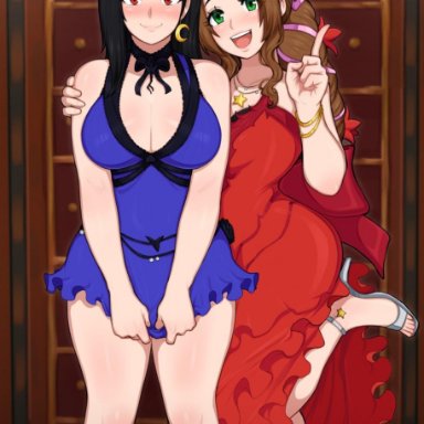 2girls, aerith gainsborough, afrobull, big breasts, brown hair, dress, female only, final fantasy, final fantasy vii, green eyes, long hair, red eyes, tifa lockhart