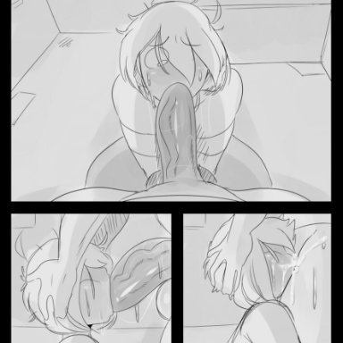 1boy, 1futa, big penis, black and white, blowjob, comic, cum, cum in mouth, deltarune, detnox, femboy, futanari, girly, grayscale, half naked