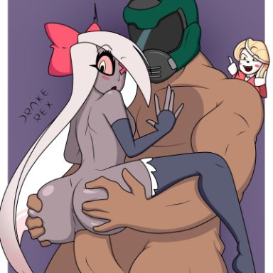 1boy, 2girls, ass, ass grab, big penis, blush, breasts, charlie (hazbin hotel), clothed, clothes, crossover, doom, doomguy, drakerex, eyebrows visible through hair