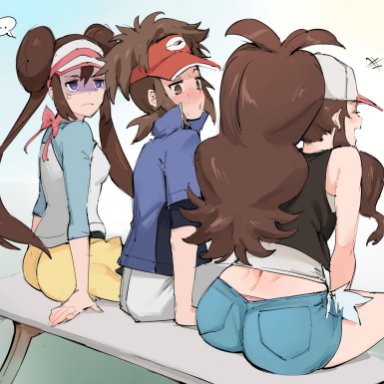 ..., 1boy, 2girls, angry, ass, breasts, brown eyes, brown hair, bwc, clothed, double bun, female, hat, hilda (pokemon), human