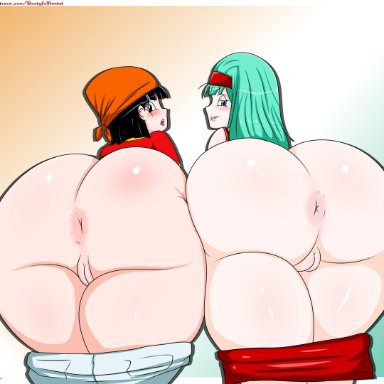 2girls, anus, ass, bandana, big ass, biting lip, black hair, blaze (artist), blue hair, bra briefs, clothing, dragon ball, dragon ball gt, dragon ball z, female