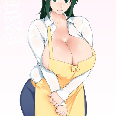 1girls, big breasts, female, green eyes, green hair, huge breasts, inko midoriya, large breasts, long hair, mature female, milf, mother, my hero academia, no bra, pale-skinned female