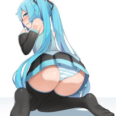 1girls, abmayo, ass, blush, female, female only, hatsune miku, looking at viewer, looking back, panties, solo, vocaloid