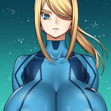 areolae, blonde hair, blue eyes, female, huge breasts, long hair, looking at viewer, metroid, nintendo, nipples, samus aran, tight clothes, zero suit