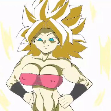 2d, 2d animation, animated, aura, big breasts, big tits, boobs, bouncing breasts, caulifla, dragon ball, dragon ball super, gold hair, green eyes, pseudocel, pulling shirt down