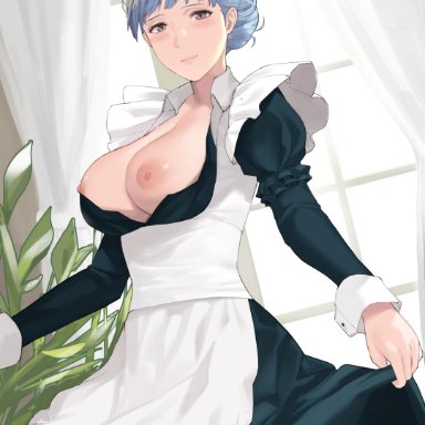 [email protected], big breasts, black eyes, blue hair, braided hair, exposed breasts, female, female only, fire emblem, fire emblem: three houses, long hair, maid, maid headdress, maid uniform, marianne (fire emblem)