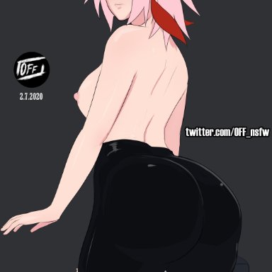 1girls, ass, breasts, dated, female, female only, green eyes, grey background, huge ass, looking back, naruto, naruto shippuden, off (artist), pink hair, sakura haruno