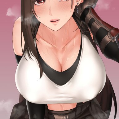 big breasts, brown eyes, brown hair, clothing, female, female only, final fantasy, final fantasy vii, final fantasy vii remake, kyoudasha, long hair, nipples, nipples visible through clothing, skirt, solo