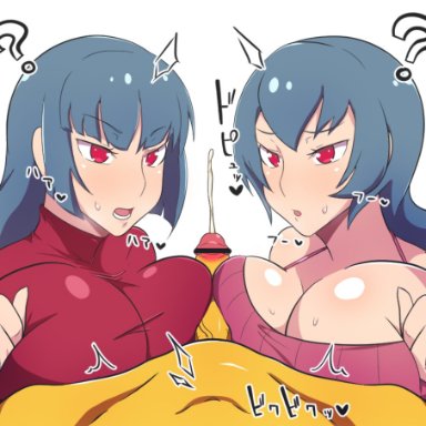 ?, 1boy, 2girls, alternate breast size, alternate costume, alternate outfit, anthro, anthrofied, big breasts, blue hair, blush, bracelet, breast to breast, breasts, censor bar