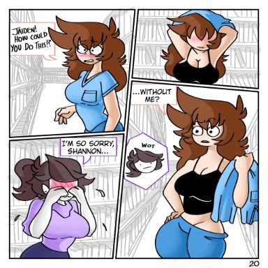 anor3xia, blush, comic, crying, jaiden, jaiden animations, library, pants pull, shgurr, shirt lift, tank top