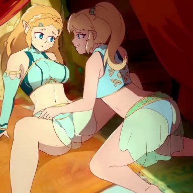 2girls, belly dancer, big ass, big breasts, curvy, dancer, dancer outfit, kissing, metroid, midriff, nintendo, princess, samus aran, sound, sound effects