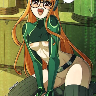 atlus, female, female only, heart-shaped pupils, kinkymation, long hair, nipples, orange hair, persona, persona 5, sakura futaba, small breasts, solo, solo female, solo focus