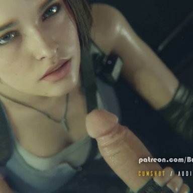 3d, animated, biohazard, black nails, blowjob, blue eyes, bulgingsenpai, cg, cleavage, cock ring, cum in mouth, deepthroat, eye contact, fellatio, game cg