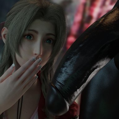 1boy, 1girls, 3d, aerith gainsborough, balls, bbc, big penis, blender, dark skin, dark-skinned male, erection, female, final fantasy, final fantasy vii, huge cock