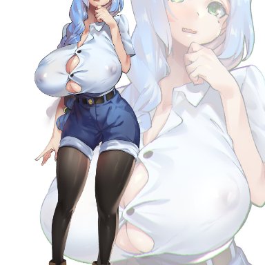 ahoge, blue hair, boots, braided hair, bursting breasts, button-up, cleavage, green eyes, hand to own mouth, huge breasts, looking at viewer, mole under eye, nipple bulge, nipples visible through clothing, oerba yun fang
