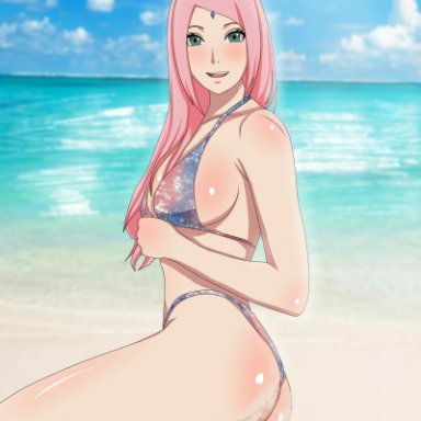 1girls, abp art, ass, bangs, bare shoulders, beach, bent elbow, bikini, blue sky, blush, boruto: naruto next generations, breasts, clavicle, cloud, day