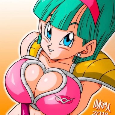 1girls, armor, blue eyes, blue hair, breasts, bulma briefs, cleavage, clothing, dragon ball, dragon ball z, female, female only, huge breasts, shounen jump, solo