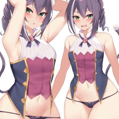 animal ears, armpits, blush, green eyes, kuavera, kyaru (princess connect), large breasts, open mouth, panties, princess connect! re:dive, purple hair, sideboob, tagme, tail, thick thighs