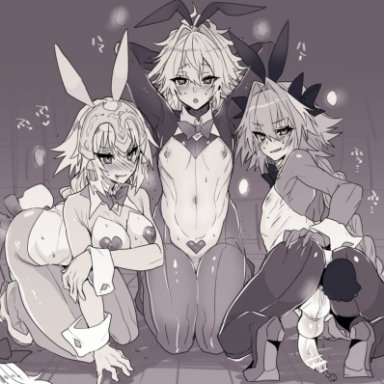 1girls, 2boys, astolfo (fate), black and white, bunny ears, censored, fate (series), fate/apocrypha, fate/grand order, femboy, haoro, heels, jeanne d'arc (fate), sieg (fate/apocrypha), tagme