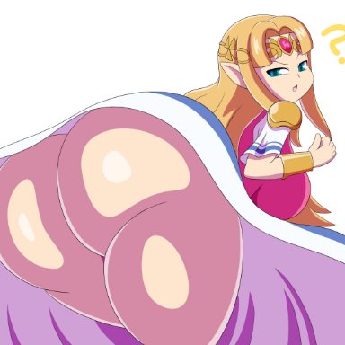 ?, 1girl, a link between worlds, ass, big ass, big breasts, blonde hair, bubble ass, bubble butt, dat ass, dress, dress lift, elf ears, female, female only