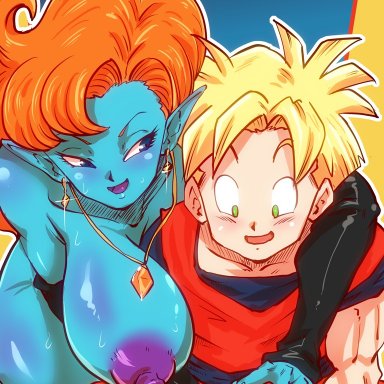 blue skin, dragon ball, dragon ball z, huge breasts, huge cock, orange hair, red hair, rickert kai, son gohan, zangya