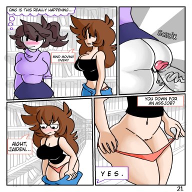 anor3xia, blush, comic, cum, jaiden, jaiden animations, library, looking at each other, penis vein, public, pulling down panties, pulling down pants, pussy, shgurr