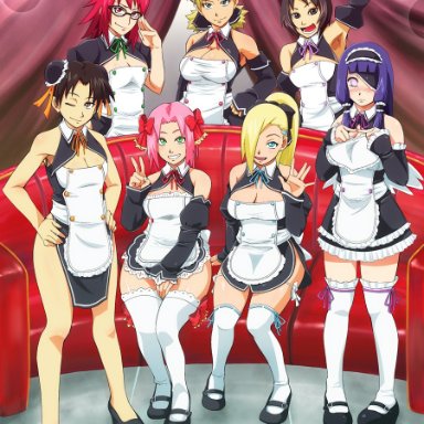 :d, 7girls, adjusting eyewear, adjusting glasses, amane (dream c club) (cosplay), apron, aqua eyes, armpits, bangs, bare shoulders, black eyes, black hair, black-framed eyewear, blonde hair, blue eyes